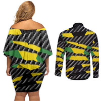 Jamaica Beast Couples Matching Off Shoulder Short Dress and Long Sleeve Button Shirt Ripped Flag Graphic - Wonder Print Shop