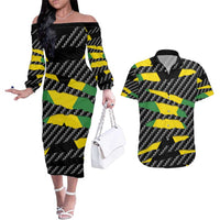 Jamaica Beast Couples Matching Off The Shoulder Long Sleeve Dress and Hawaiian Shirt Ripped Flag Graphic - Wonder Print Shop