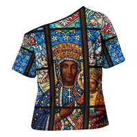 Polish Black Madonna of Czestochowa Cross Shoulder Shirt Our Lady of Poland Stained Glass
