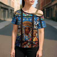 Polish Black Madonna of Czestochowa Cross Shoulder Shirt Our Lady of Poland Stained Glass