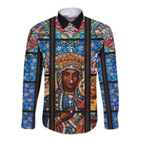 Polish Black Madonna of Czestochowa Long Sleeve Button Shirt Our Lady of Poland Stained Glass