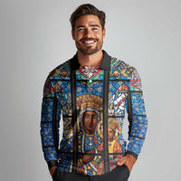 Polish Black Madonna of Czestochowa Long Sleeve Polo Shirt Our Lady of Poland Stained Glass
