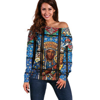 Polish Black Madonna of Czestochowa Off Shoulder Sweater Our Lady of Poland Stained Glass