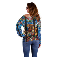 Polish Black Madonna of Czestochowa Off Shoulder Sweater Our Lady of Poland Stained Glass
