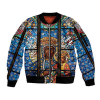 Polish Black Madonna of Czestochowa Sleeve Zip Bomber Jacket Our Lady of Poland Stained Glass