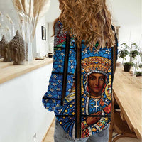 Polish Black Madonna of Czestochowa Women Casual Shirt Our Lady of Poland Stained Glass