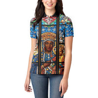Polish Black Madonna of Czestochowa Women Polo Shirt Our Lady of Poland Stained Glass