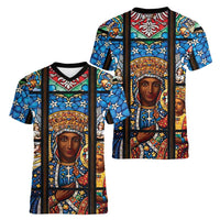 Polish Black Madonna of Czestochowa Women V-Neck T-Shirt Our Lady of Poland Stained Glass