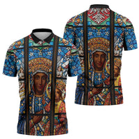 Polish Black Madonna of Czestochowa Zipper Polo Shirt Our Lady of Poland Stained Glass