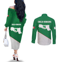 Italy Emilia-Romagna Couples Matching Off The Shoulder Long Sleeve Dress and Long Sleeve Button Shirt Map With Flag Style LT19