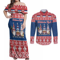 Serbia Christmas Couples Matching Off Shoulder Maxi Dress and Long Sleeve Button Shirt Hristos Se Rodi Gnome - Wonder Print Shop