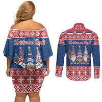 Serbia Christmas Couples Matching Off Shoulder Short Dress and Long Sleeve Button Shirt Hristos Se Rodi Gnome - Wonder Print Shop