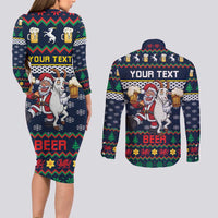 Personalized Merionethshire Wales Christmas Couples Matching Long Sleeve Bodycon Dress and Long Sleeve Button Shirt Beer and Goat Santa Design - Wonder Print Shop