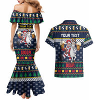 Personalized Merionethshire Wales Christmas Couples Matching Mermaid Dress and Hawaiian Shirt Beer and Goat Santa Design - Wonder Print Shop