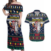 Personalized Merionethshire Wales Christmas Couples Matching Off Shoulder Maxi Dress and Hawaiian Shirt Beer and Goat Santa Design - Wonder Print Shop