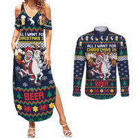 Personalized Merionethshire Wales Christmas Couples Matching Summer Maxi Dress and Long Sleeve Button Shirt Beer and Goat Santa Design - Wonder Print Shop