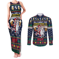 Personalized Merionethshire Wales Christmas Couples Matching Tank Maxi Dress and Long Sleeve Button Shirt Beer and Goat Santa Design - Wonder Print Shop