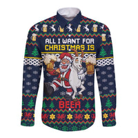 Personalized Merionethshire Wales Christmas Long Sleeve Button Shirt Beer and Goat Santa Design - Wonder Print Shop