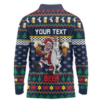 Personalized Merionethshire Wales Christmas Long Sleeve Polo Shirt Beer and Goat Santa Design - Wonder Print Shop