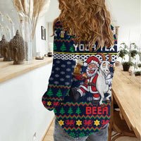 Personalized Merionethshire Wales Christmas Women Casual Shirt Beer and Goat Santa Design - Wonder Print Shop