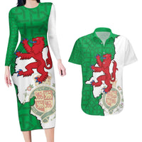 Montgomeryshire Wales Couples Matching Long Sleeve Bodycon Dress and Hawaiian Shirt Map and Emblem Celtic Style - Wonder Print Shop