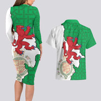 Montgomeryshire Wales Couples Matching Long Sleeve Bodycon Dress and Hawaiian Shirt Map and Emblem Celtic Style - Wonder Print Shop