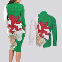 Montgomeryshire Wales Couples Matching Long Sleeve Bodycon Dress and Long Sleeve Button Shirt Map and Emblem Celtic Style - Wonder Print Shop