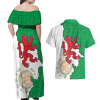 Montgomeryshire Wales Couples Matching Off Shoulder Maxi Dress and Hawaiian Shirt Map and Emblem Celtic Style - Wonder Print Shop