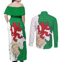 Montgomeryshire Wales Couples Matching Off Shoulder Maxi Dress and Long Sleeve Button Shirt Map and Emblem Celtic Style - Wonder Print Shop
