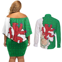 Montgomeryshire Wales Couples Matching Off Shoulder Short Dress and Long Sleeve Button Shirt Map and Emblem Celtic Style - Wonder Print Shop