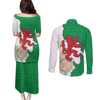 Montgomeryshire Wales Couples Matching Puletasi and Long Sleeve Button Shirt Map and Emblem Celtic Style - Wonder Print Shop