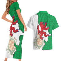 Montgomeryshire Wales Couples Matching Short Sleeve Bodycon Dress and Hawaiian Shirt Map and Emblem Celtic Style - Wonder Print Shop