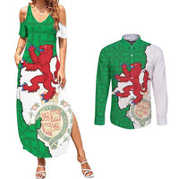 Montgomeryshire Wales Couples Matching Summer Maxi Dress and Long Sleeve Button Shirt Map and Emblem Celtic Style - Wonder Print Shop