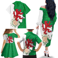 Montgomeryshire Wales Family Matching Off The Shoulder Long Sleeve Dress and Hawaiian Shirt Map and Emblem Celtic Style - Wonder Print Shop