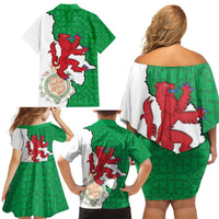 Montgomeryshire Wales Family Matching Off Shoulder Short Dress and Hawaiian Shirt Map and Emblem Celtic Style - Wonder Print Shop