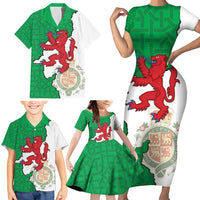 Montgomeryshire Wales Family Matching Short Sleeve Bodycon Dress and Hawaiian Shirt Map and Emblem Celtic Style - Wonder Print Shop