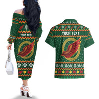 Personalized Montgomeryshire Wales Christmas Couples Matching Off The Shoulder Long Sleeve Dress and Hawaiian Shirt Celtic Red Wing Cymru Heritage - Wonder Print Shop