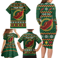 Personalized Montgomeryshire Wales Christmas Family Matching Long Sleeve Bodycon Dress and Hawaiian Shirt Celtic Red Wing Cymru Heritage - Wonder Print Shop