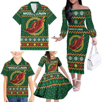 Personalized Montgomeryshire Wales Christmas Family Matching Off The Shoulder Long Sleeve Dress and Hawaiian Shirt Celtic Red Wing Cymru Heritage - Wonder Print Shop