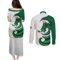 Wales Celtic Dragon Couples Matching Puletasi and Long Sleeve Button Shirt Welsh Mythic Green Dragon - Wonder Print Shop