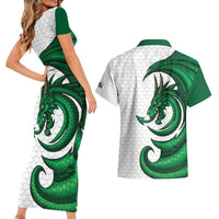 Wales Celtic Dragon Couples Matching Short Sleeve Bodycon Dress and Hawaiian Shirt Welsh Mythic Green Dragon - Wonder Print Shop