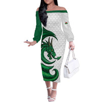 Wales Celtic Dragon Family Matching Off The Shoulder Long Sleeve Dress and Hawaiian Shirt Welsh Mythic Green Dragon - Wonder Print Shop