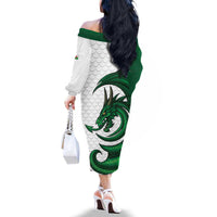 Wales Celtic Dragon Family Matching Off The Shoulder Long Sleeve Dress and Hawaiian Shirt Welsh Mythic Green Dragon - Wonder Print Shop
