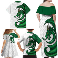 Wales Celtic Dragon Family Matching Off Shoulder Maxi Dress and Hawaiian Shirt Welsh Mythic Green Dragon - Wonder Print Shop