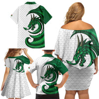 Wales Celtic Dragon Family Matching Off Shoulder Short Dress and Hawaiian Shirt Welsh Mythic Green Dragon - Wonder Print Shop