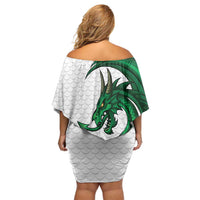 Wales Celtic Dragon Family Matching Off Shoulder Short Dress and Hawaiian Shirt Welsh Mythic Green Dragon - Wonder Print Shop