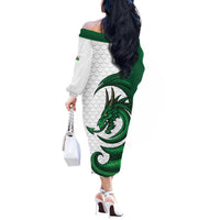Wales Celtic Dragon Off The Shoulder Long Sleeve Dress Welsh Mythic Green Dragon - Wonder Print Shop