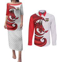 Wales Rugby Red Dragon Couples Matching Puletasi and Long Sleeve Button Shirt Cymru Am Byth - Wonder Print Shop