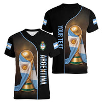 Personalized Argentina Football 2026 Women V-Neck T-Shirt Trophy Flag Pride Art
