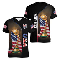 Personalized USA Football 2026 Women V-Neck T-Shirt Trophy Flag Pride Art